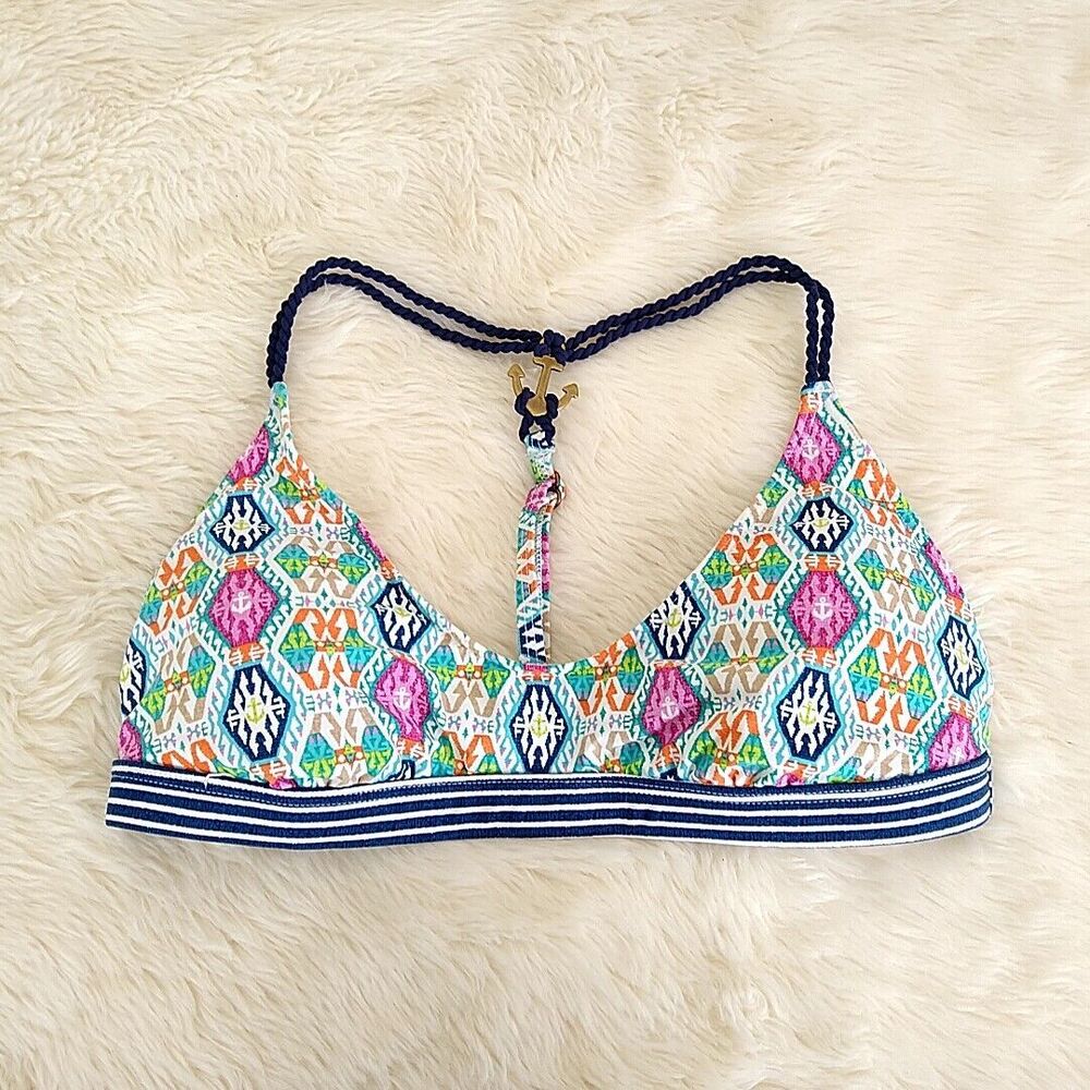 💥5/$25 Sperry Womens M Bikini Top Blue Geometric Racerback Wireless Swim Wear‎